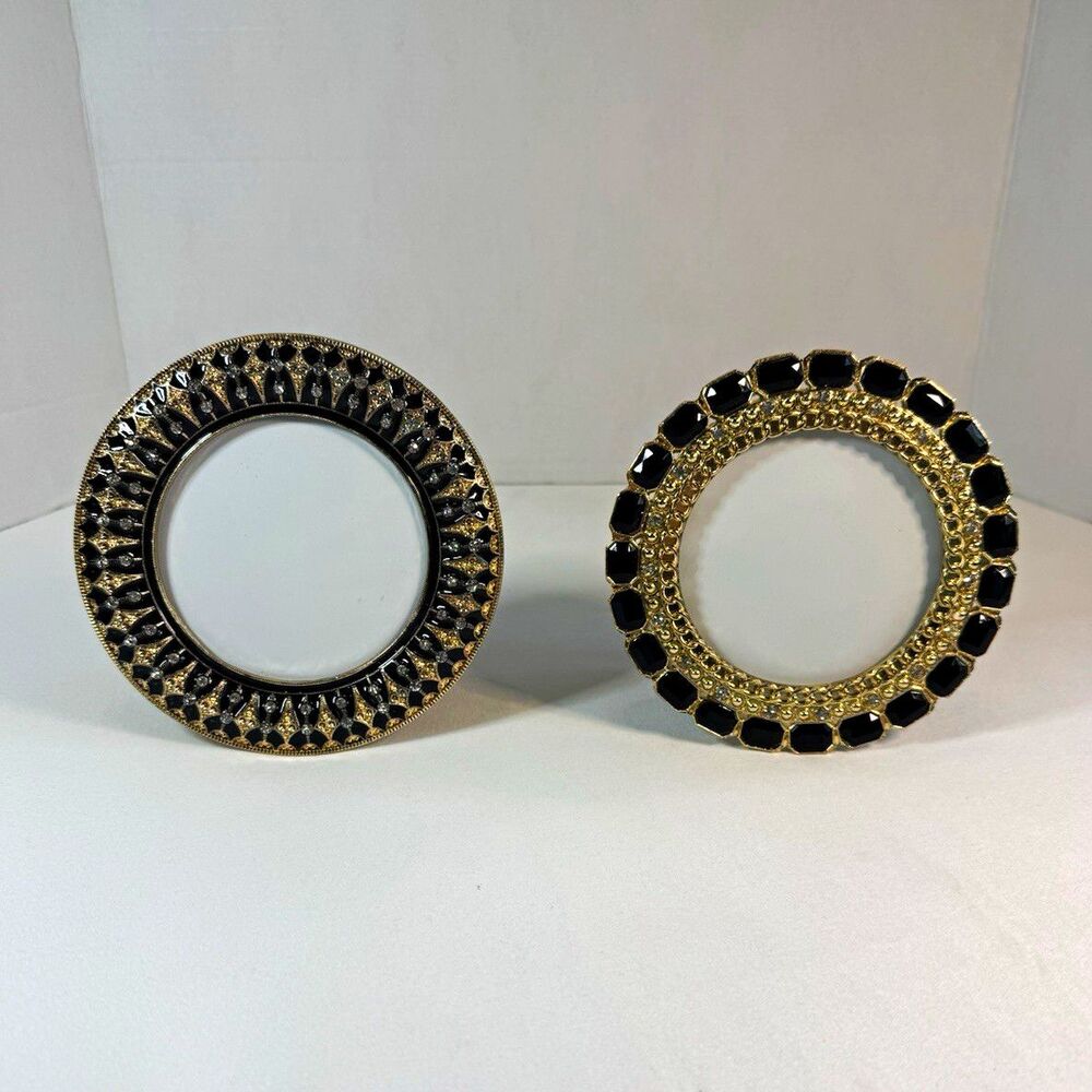 Vintage Style Black Enamel Gold Jeweled Round 3x3 Tabletop Frames - Set of 2